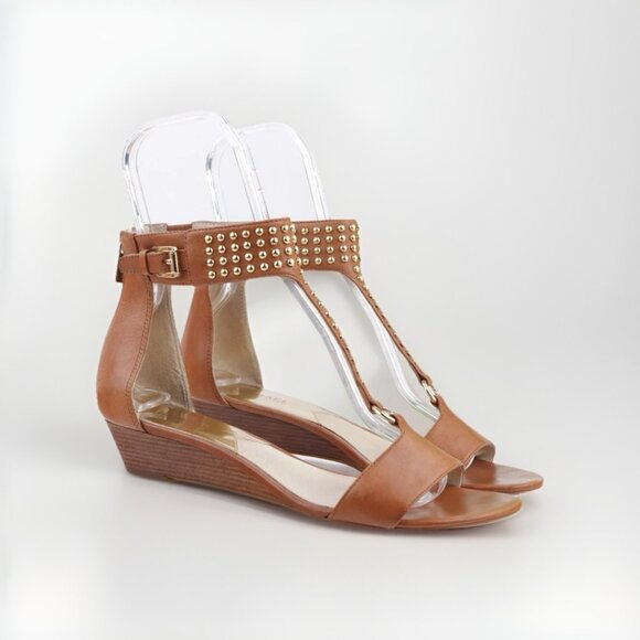 Michael Kors Women's Celena Sandal Size 7 Low Wedge Studded Ankle Strap Cognac - Picture 8 of 9